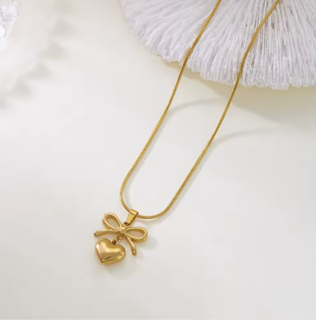 Stainless Steel Classic Bowknot Pookie Heart Tassel Pendant Necklace