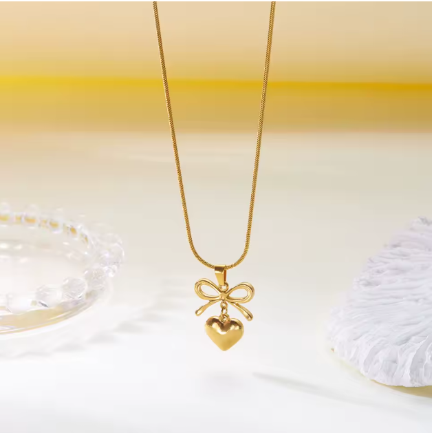 Stainless Steel Classic Bowknot Pookie Heart Tassel Pendant Necklace