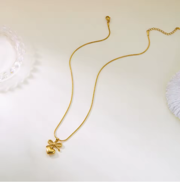 Stainless Steel Classic Bowknot Pookie Heart Tassel Pendant Necklace