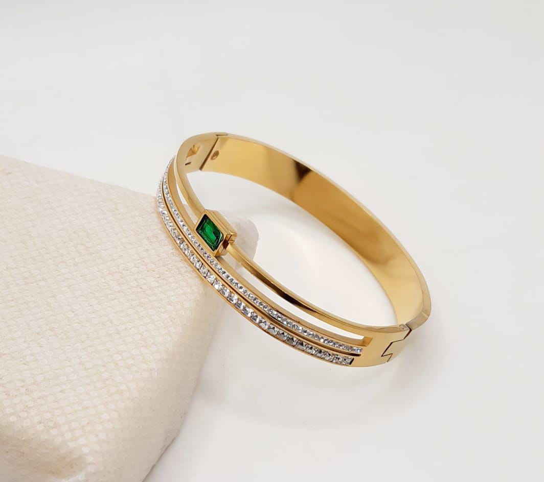 Luxury Gold Plated Bracelet for Women | Emerald Green Stone & Zircon Crystal Bangle