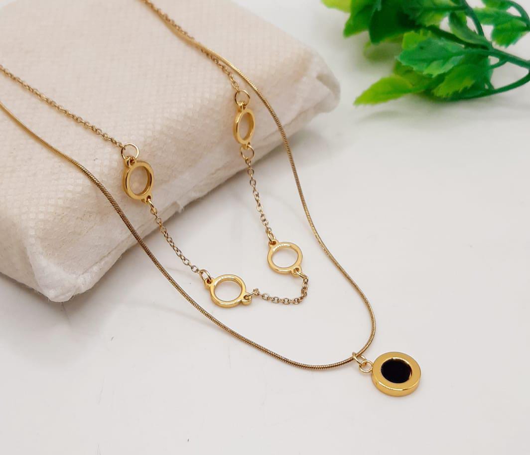 Elegant Gold Layered Necklace With Black Circle Pendant