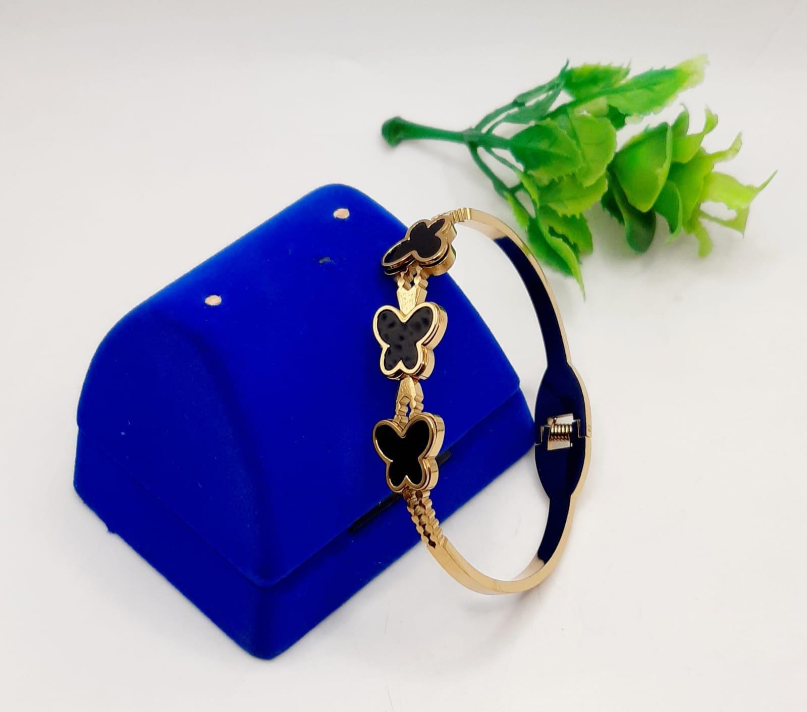 Gold Plated Black Butterfly Charm Bracelet for Women – Adjustable Luxury Bangle
