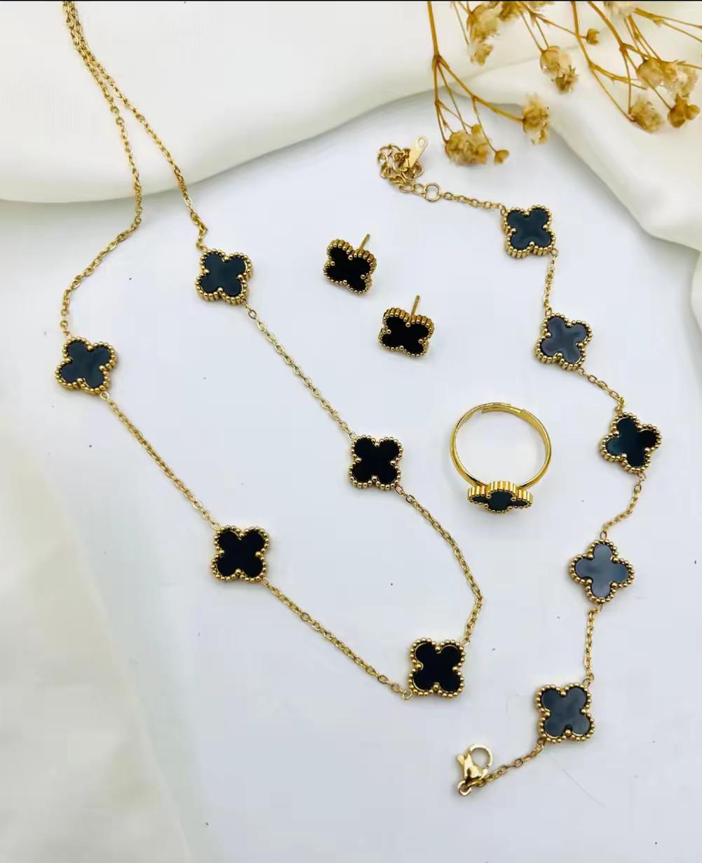 Luxury Black Clover Gold Jewelry Set for Women – Necklace, Bracelet, Ring & Earrings