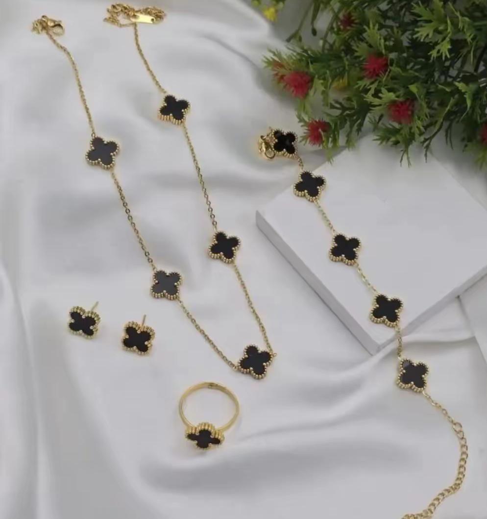 Luxury Black Clover Gold Jewelry Set for Women – Necklace, Bracelet, Ring & Earrings