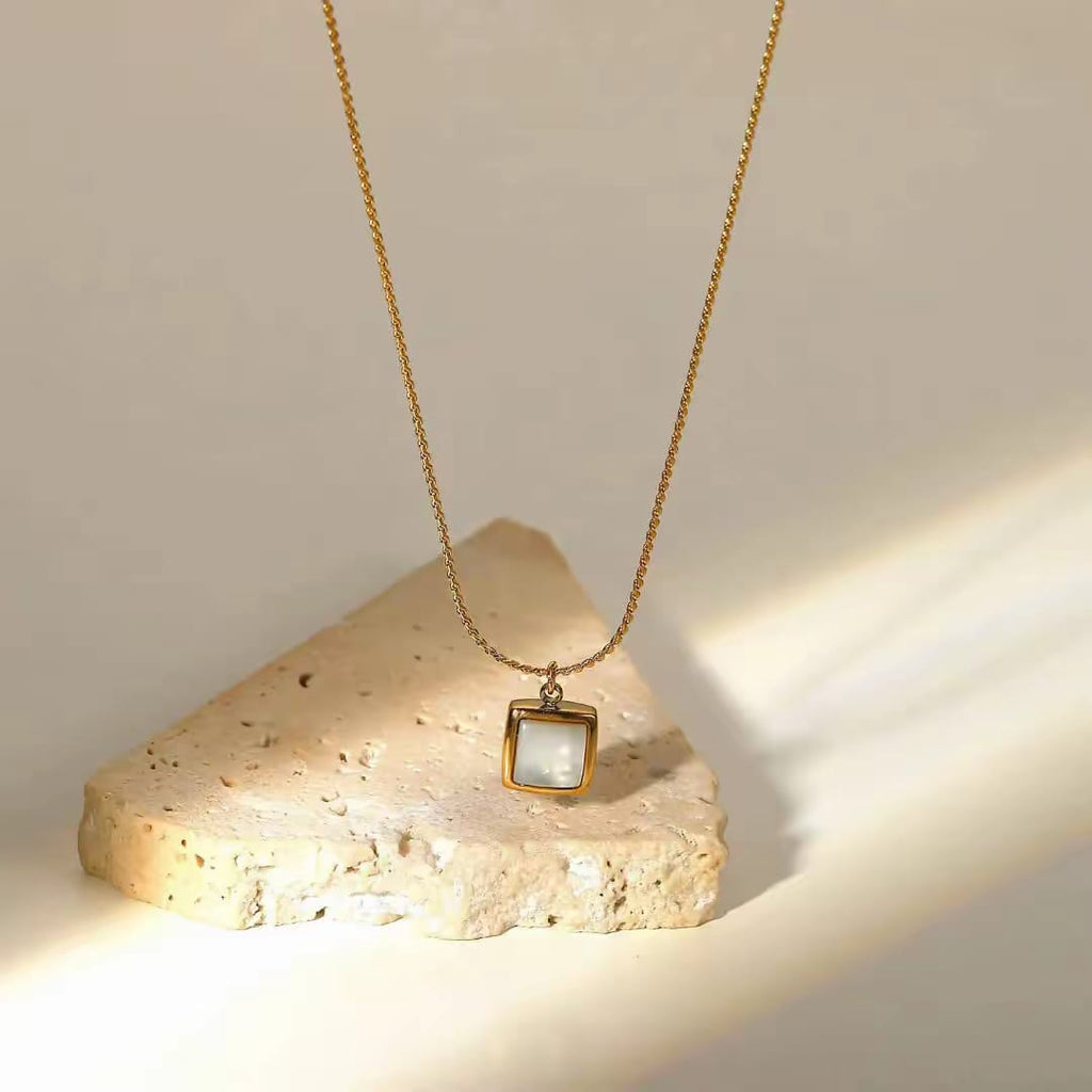 Elegant Square Pendant Gold Necklace for Women – Minimalist White Stone Pendant