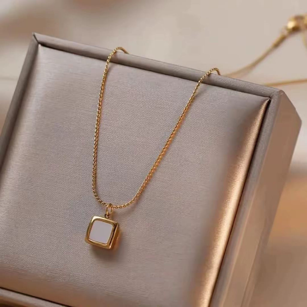 Elegant Square Pendant Gold Necklace for Women – Minimalist White Stone Pendant