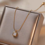 Elegant Square Pendant Gold Necklace for Women – Minimalist White Stone Pendant