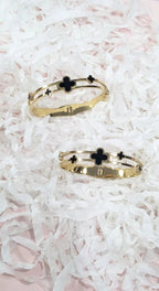 Gold Plated Clover Bracelet for Women – Luxury Stainless Steel Bangle with Black Enamel