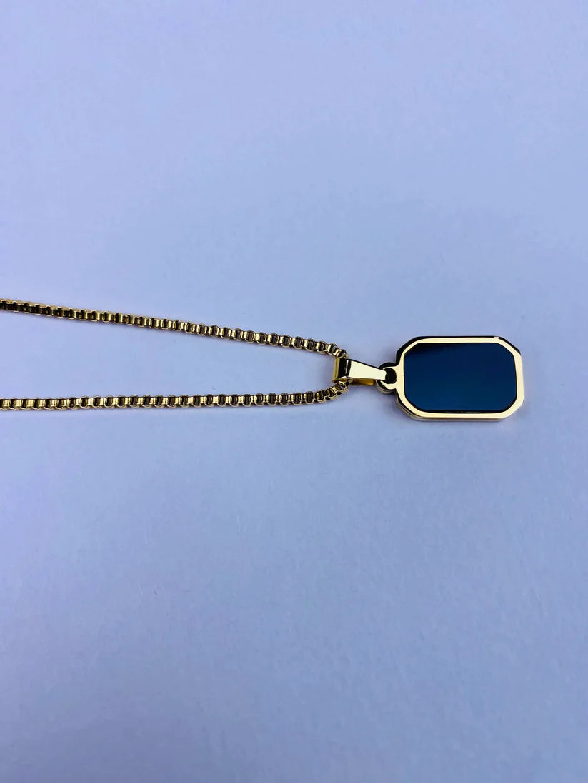 Golden Double-Sided Rectangular Pendant – Reversible Black Enamel Box Chain Necklace for Men & Women